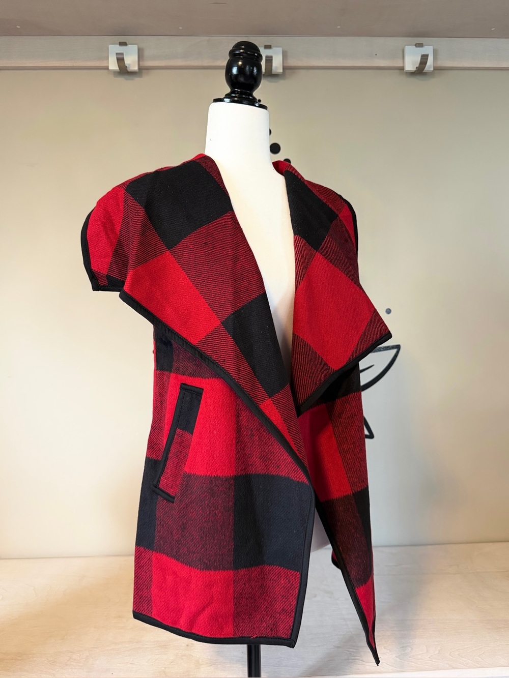 Red & Black Plaid Open Front Vest